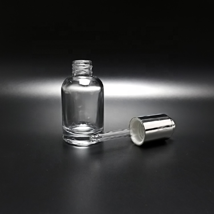 30ml clear glass essence oil bottle with silver push button dropper