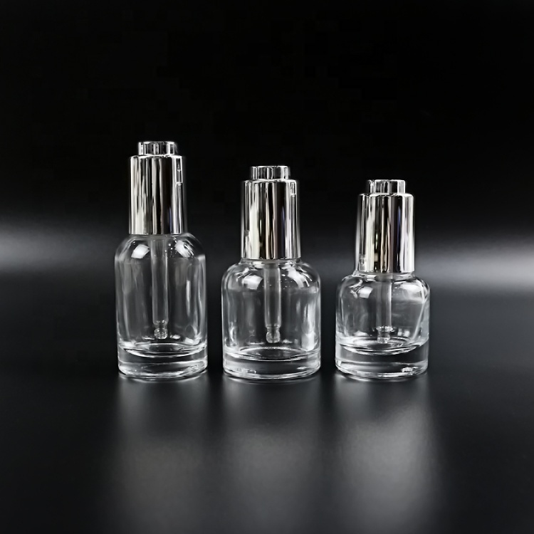 30ml clear glass essence oil bottle with silver push button dropper