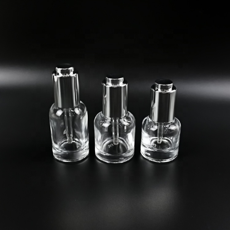 30ml clear glass essence oil bottle with silver push button dropper