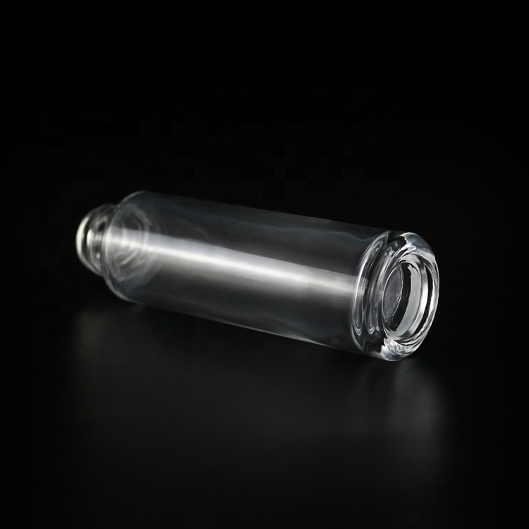30ml clear glass push button dropper bottle with silver plastic screw cap