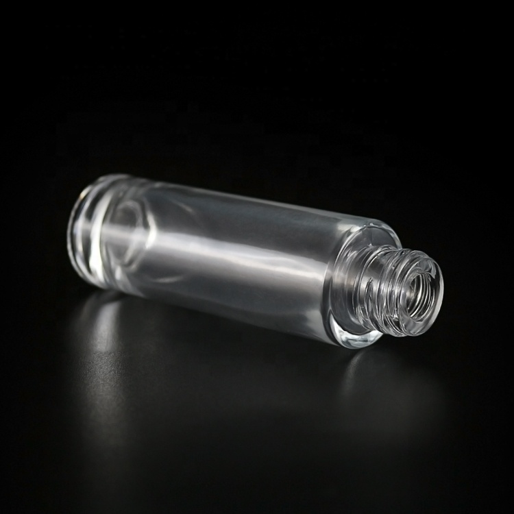 30ml clear glass push button dropper bottle with silver plastic screw cap