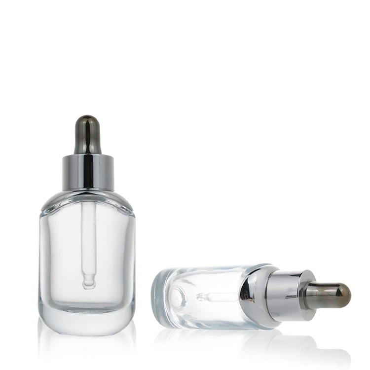 30ml clear glass thick dropper bottle with silver lid