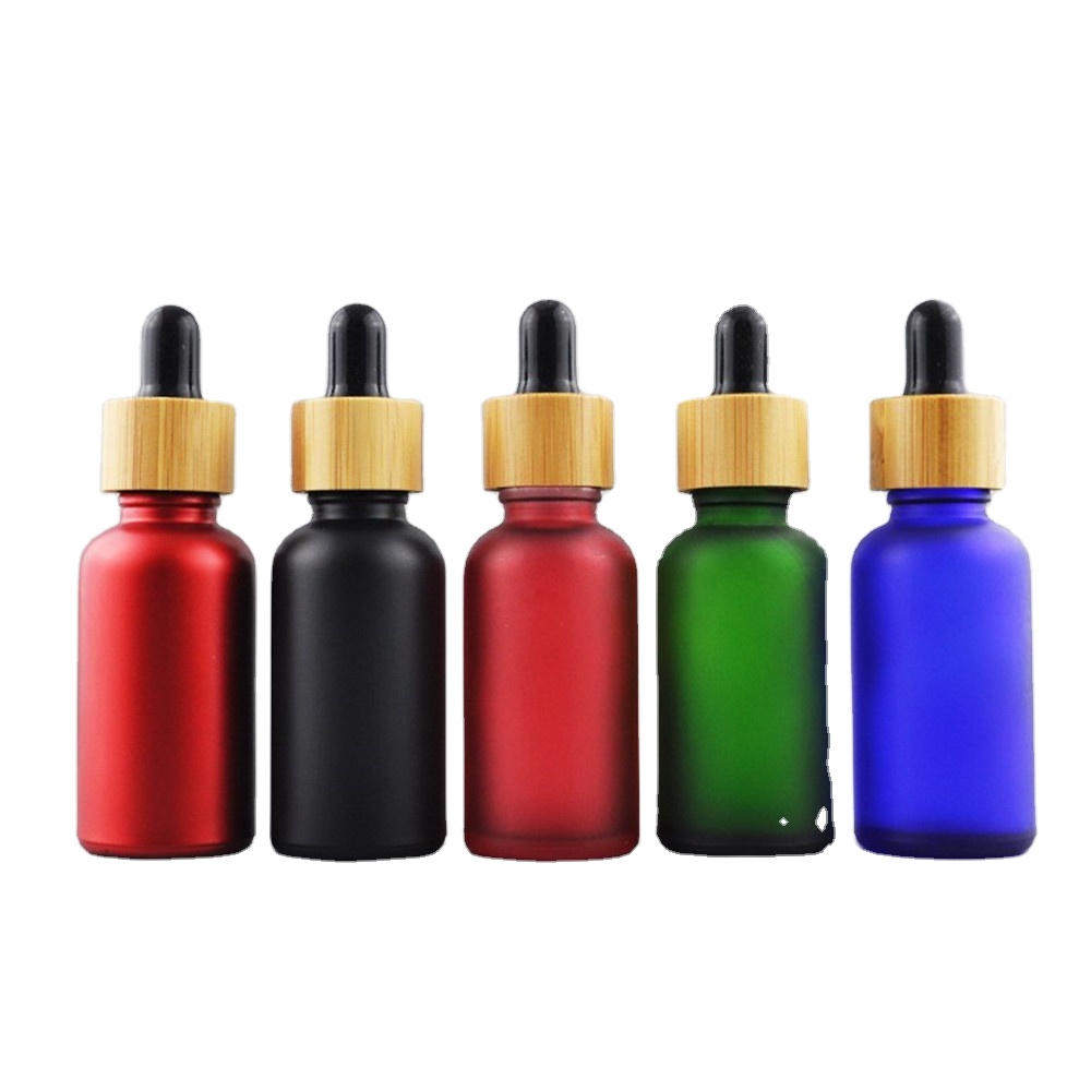 30ml custom square rectangular round Black Frosted glass perfume dropper bottle For cosmetic Essential Oil With Bamboo Cap lid