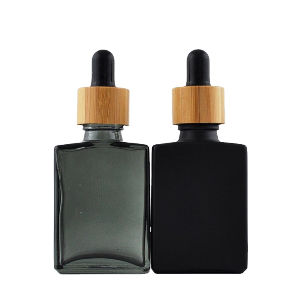 30ml custom square rectangular round Black Frosted glass perfume dropper bottle For cosmetic Essential Oil With Bamboo Cap lid