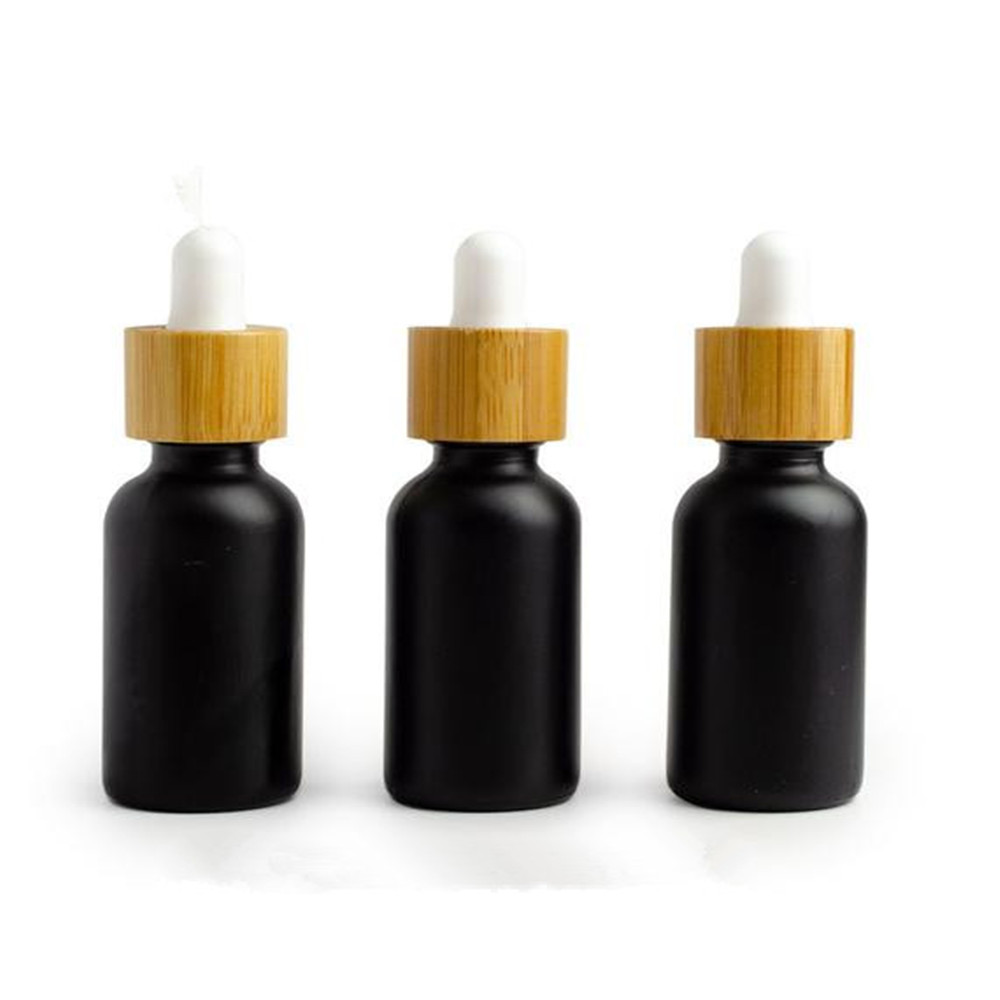 30ml custom square rectangular round Black Frosted glass perfume dropper bottle For cosmetic Essential Oil With Bamboo Cap lid