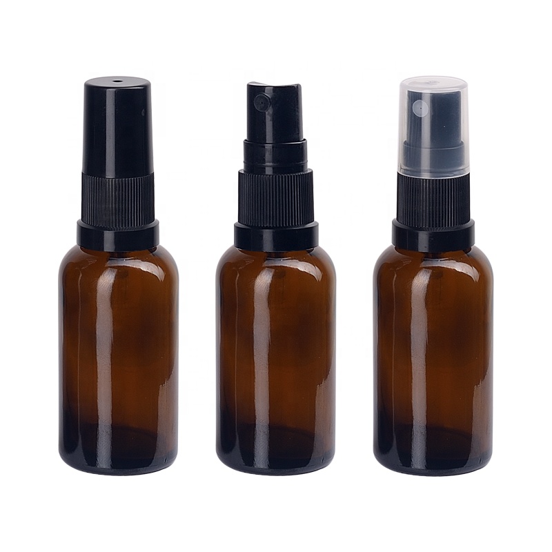 30ml empty amber glass bottles 1 oz brown glass essential oil bottle sprayer 30 ml with 18/415 black plastic fine mist spray