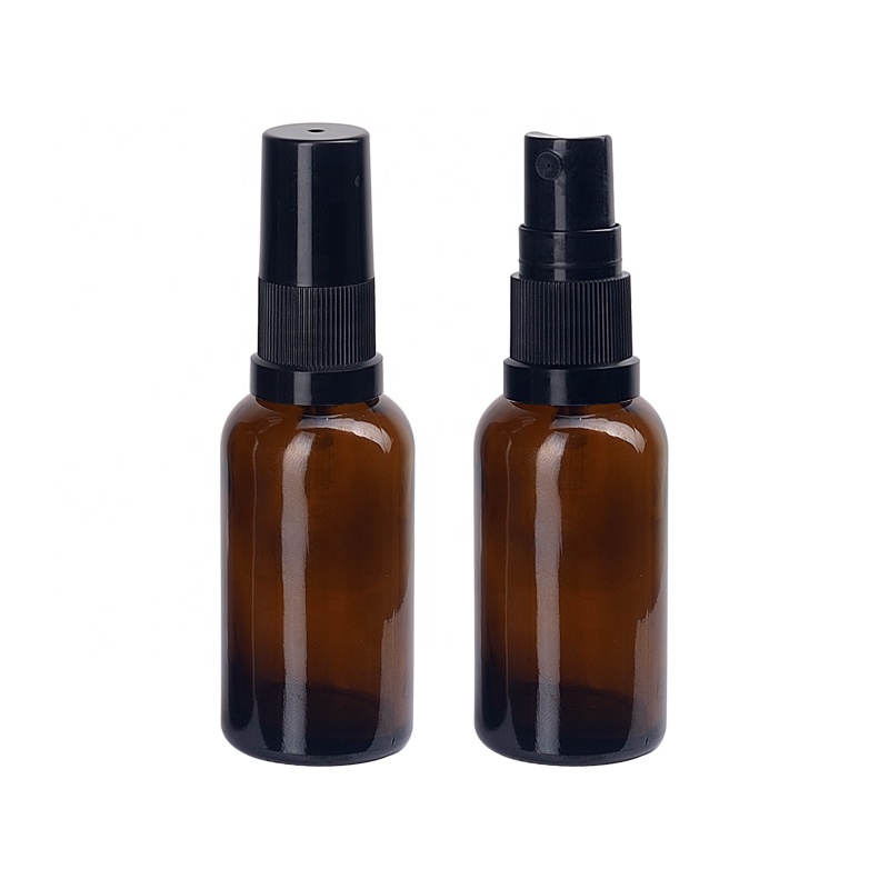 30ml empty amber glass bottles 1 oz brown glass essential oil bottle sprayer 30 ml with 18/415 black plastic fine mist spray