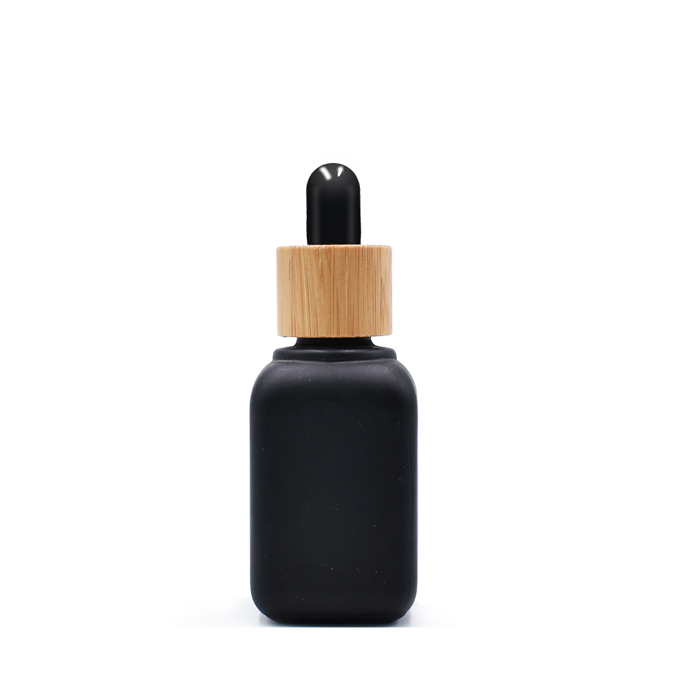 30ml eye face essential oil cosmetic packaging black clear frosted square glass dropper bottle with bamboo cap