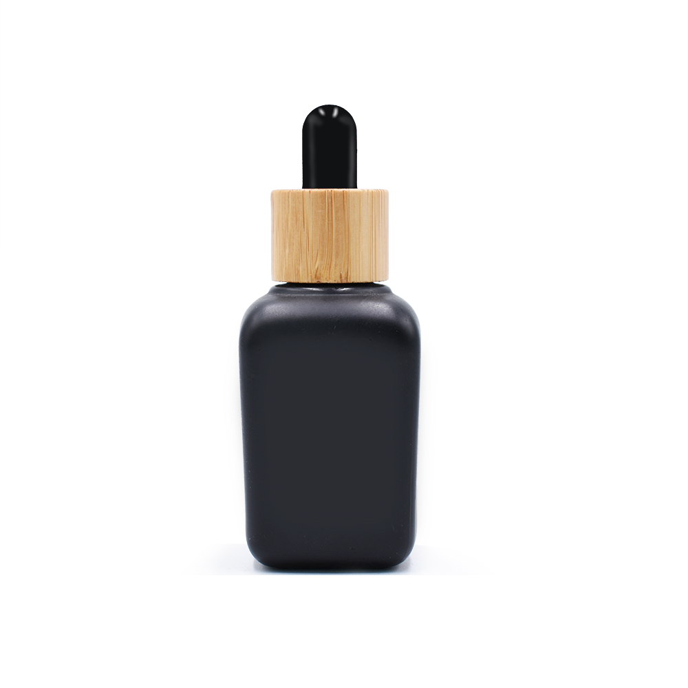 30ml eye face essential oil cosmetic packaging black clear frosted square glass dropper bottle with bamboo cap