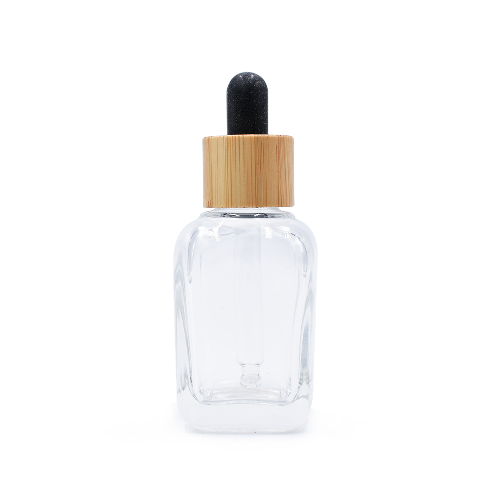 30ml eye face essential oil cosmetic packaging black clear frosted square glass dropper bottle with bamboo cap