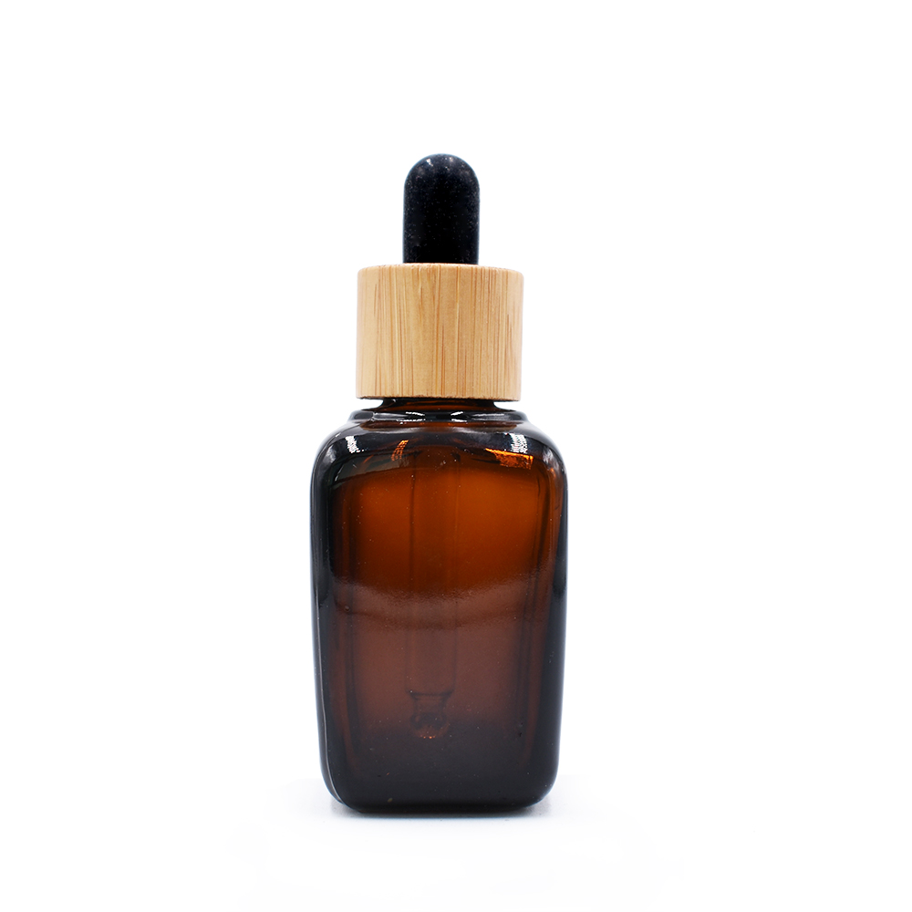 30ml eye face essential oil cosmetic packaging black clear frosted square glass dropper bottle with bamboo cap