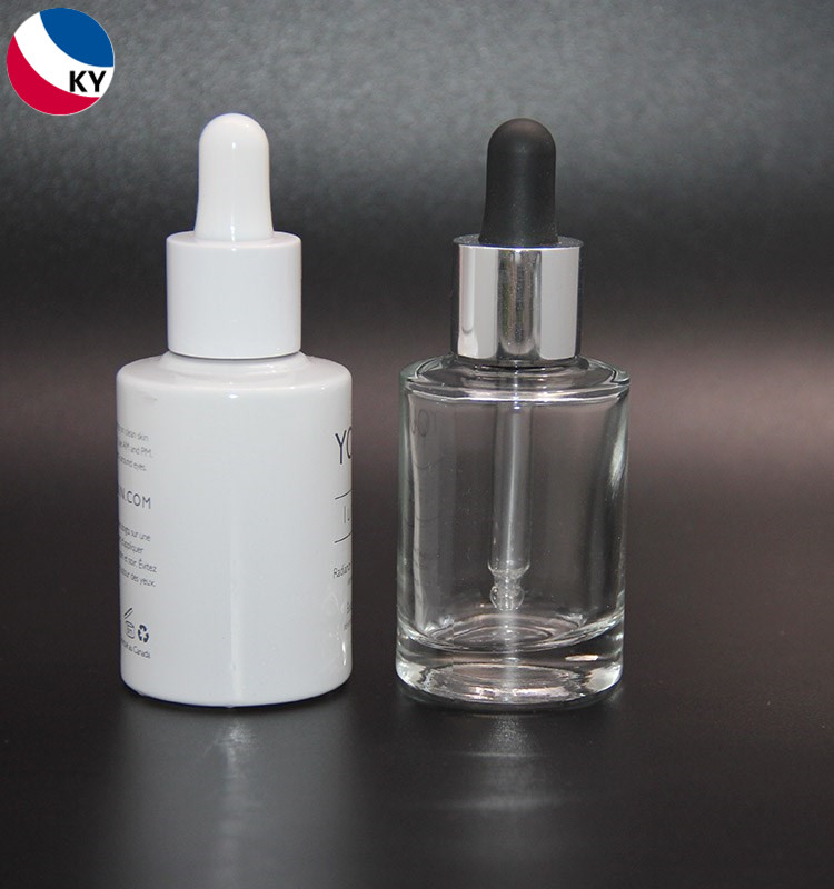 30ml flat shoulder cylinder heavy bottom essential oil glass bottle aluminum white dropper for serum