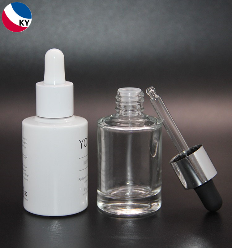 30ml flat shoulder cylinder heavy bottom essential oil glass bottle aluminum white dropper for serum