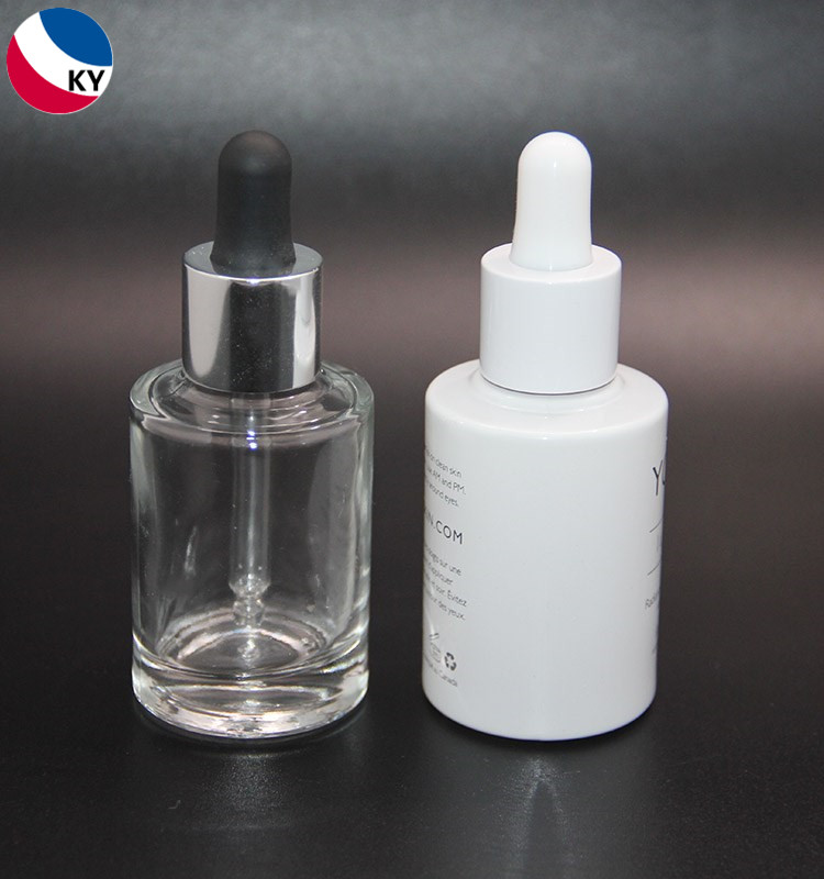 30ml flat shoulder cylinder heavy bottom essential oil glass bottle aluminum white dropper for serum