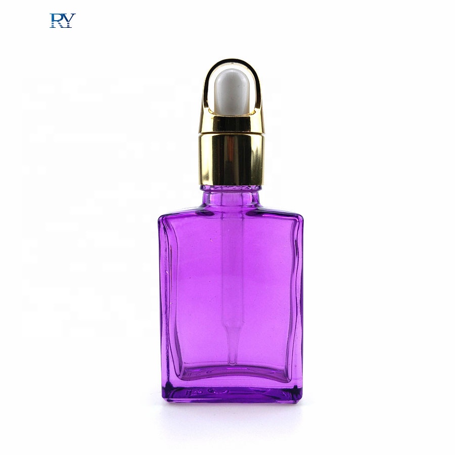 30ml flat square purple blue glass dropper bottle for e liquid ejuice packaging with flower basket cap