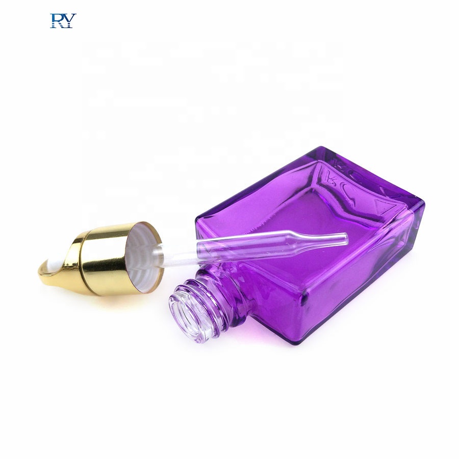 30ml flat square purple blue glass dropper bottle for e liquid ejuice packaging with flower basket cap