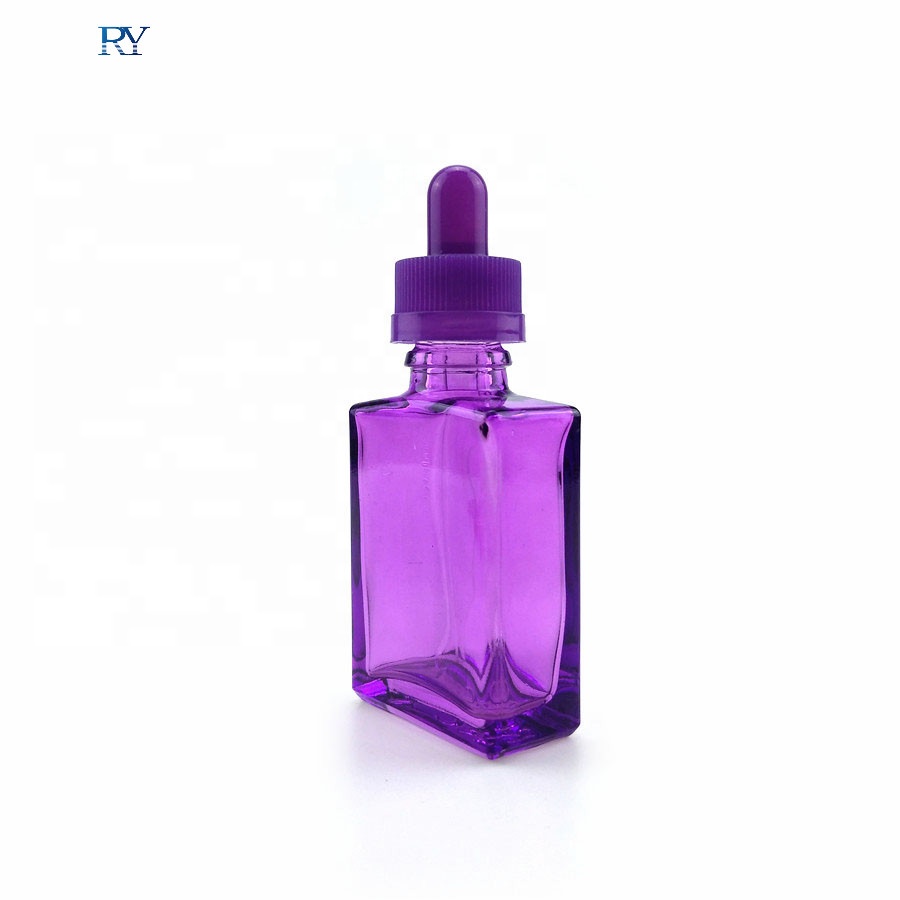30ml flat square purple blue glass dropper bottle for e liquid ejuice packaging with flower basket cap
