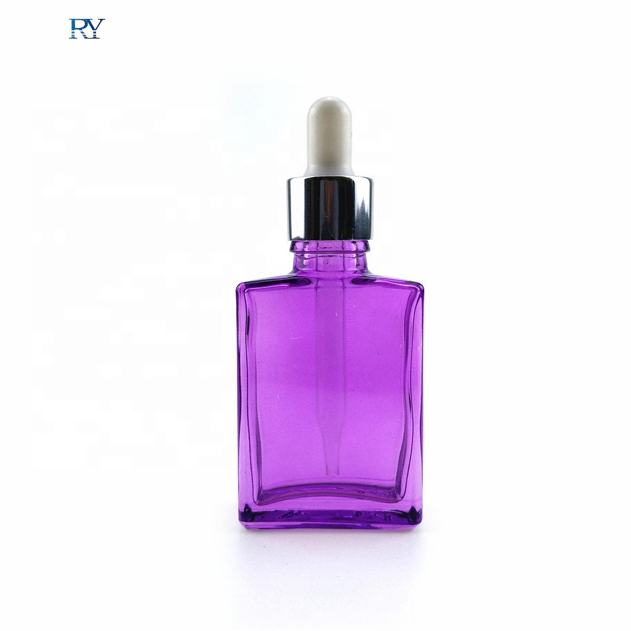30ml flat square purple blue glass dropper bottle for e liquid ejuice packaging with flower basket cap