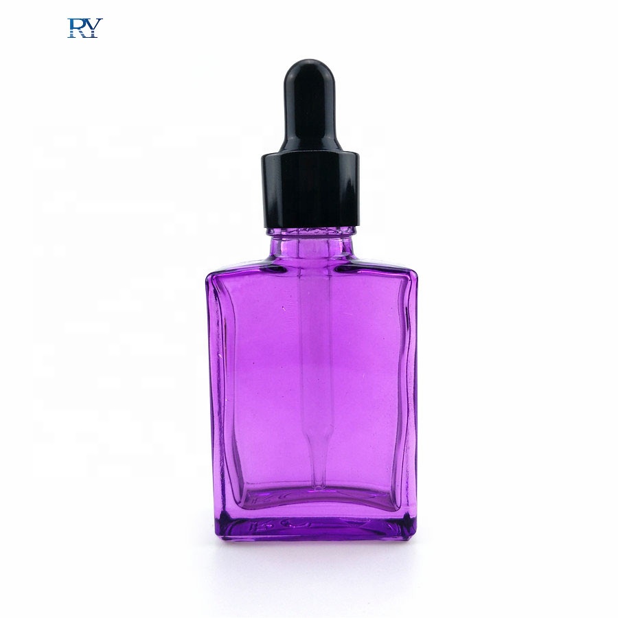 30ml flat square purple blue glass dropper bottle for e liquid ejuice packaging with flower basket cap