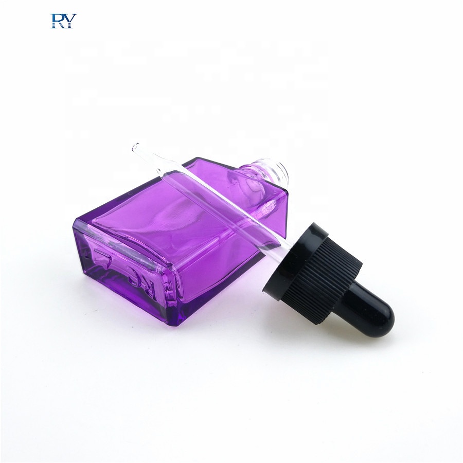 30ml flat square purple blue glass dropper bottle for e liquid ejuice packaging with flower basket cap
