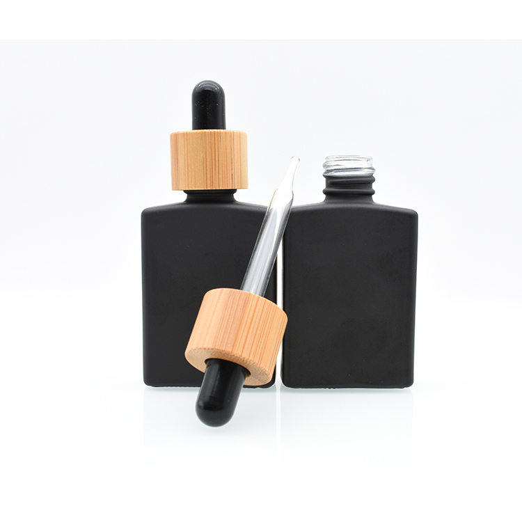 30ml frosted clear matte black square rectangle essential oil glass dropper bottle with bamboo lid