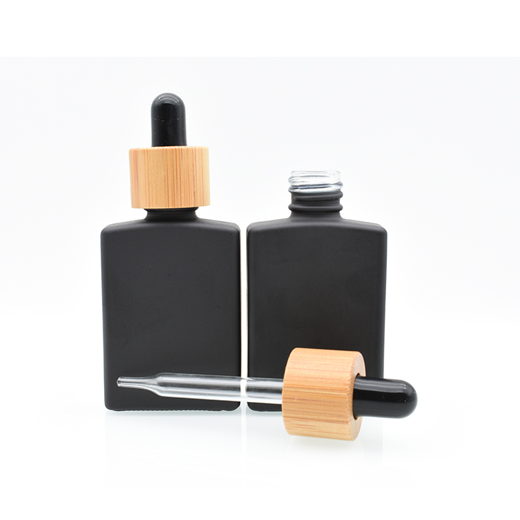 30ml frosted clear matte black square rectangle essential oil glass dropper bottle with bamboo lid