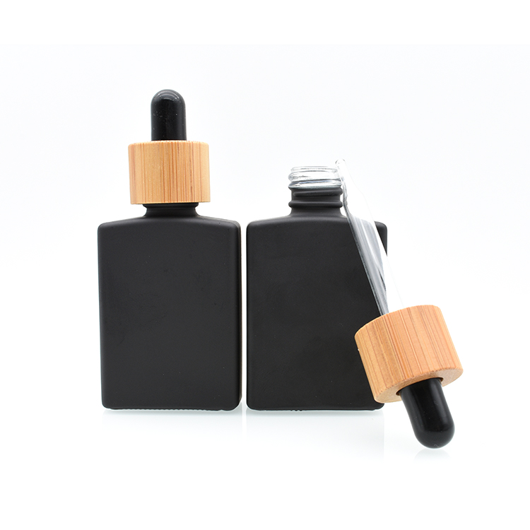 30ml frosted clear matte black square rectangle essential oil glass dropper bottle with bamboo lid