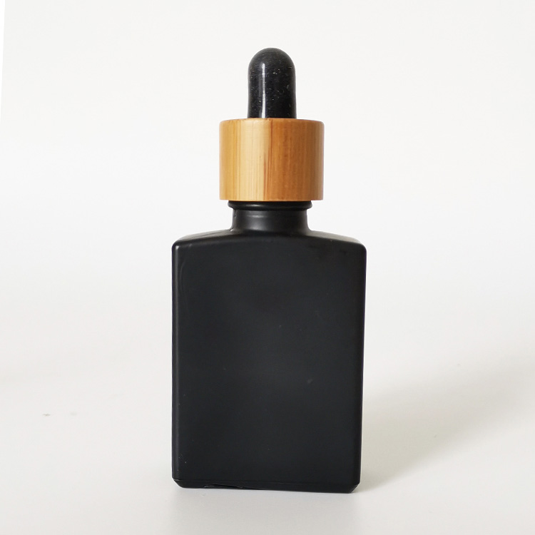 30ml frosted clear matte black square rectangle essential oil glass dropper bottle with bamboo lid