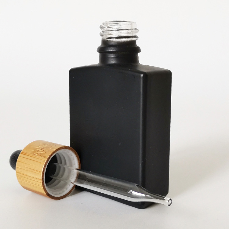 30ml frosted clear matte black square rectangle essential oil glass dropper bottle with bamboo lid