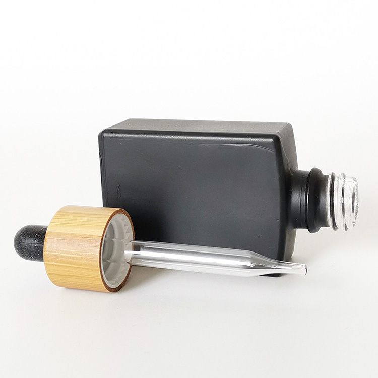 30ml frosted clear matte black square rectangle essential oil glass dropper bottle with bamboo lid