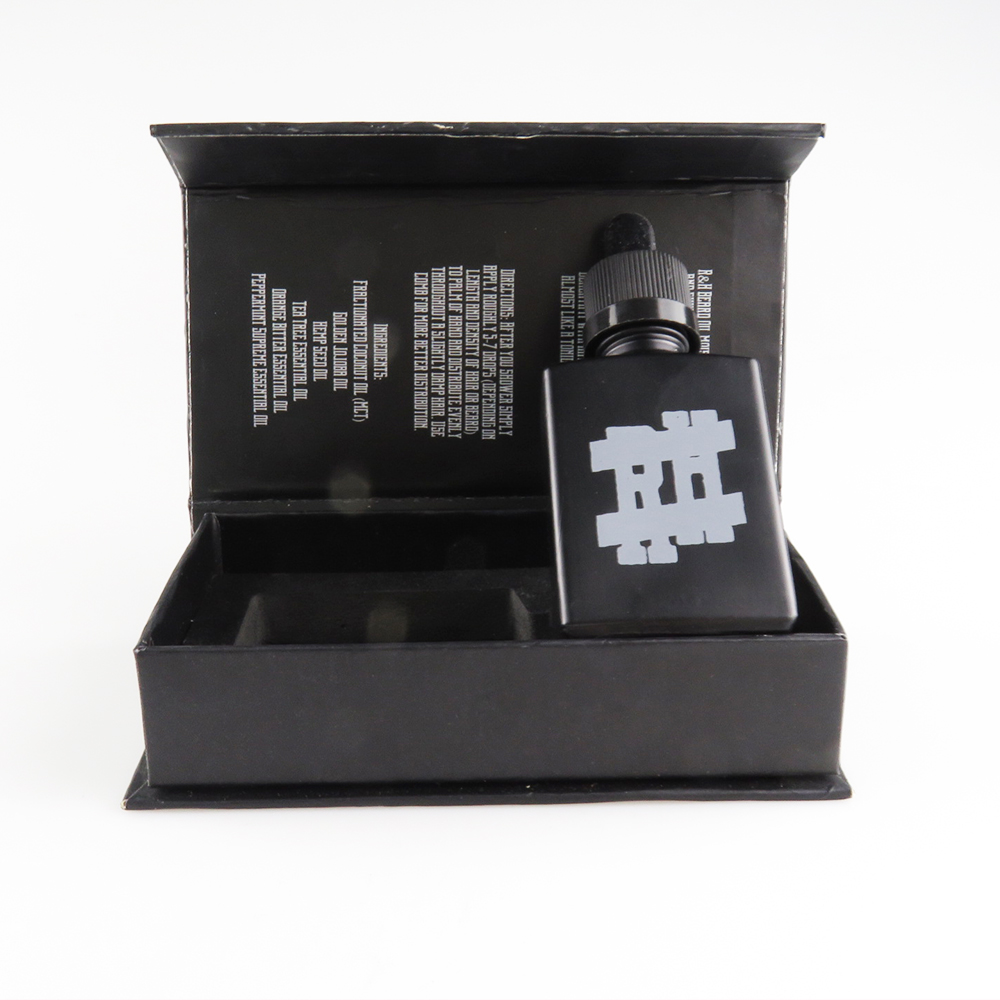 30ml frosted matt black rectangle glass bottle with custom packaging paper box