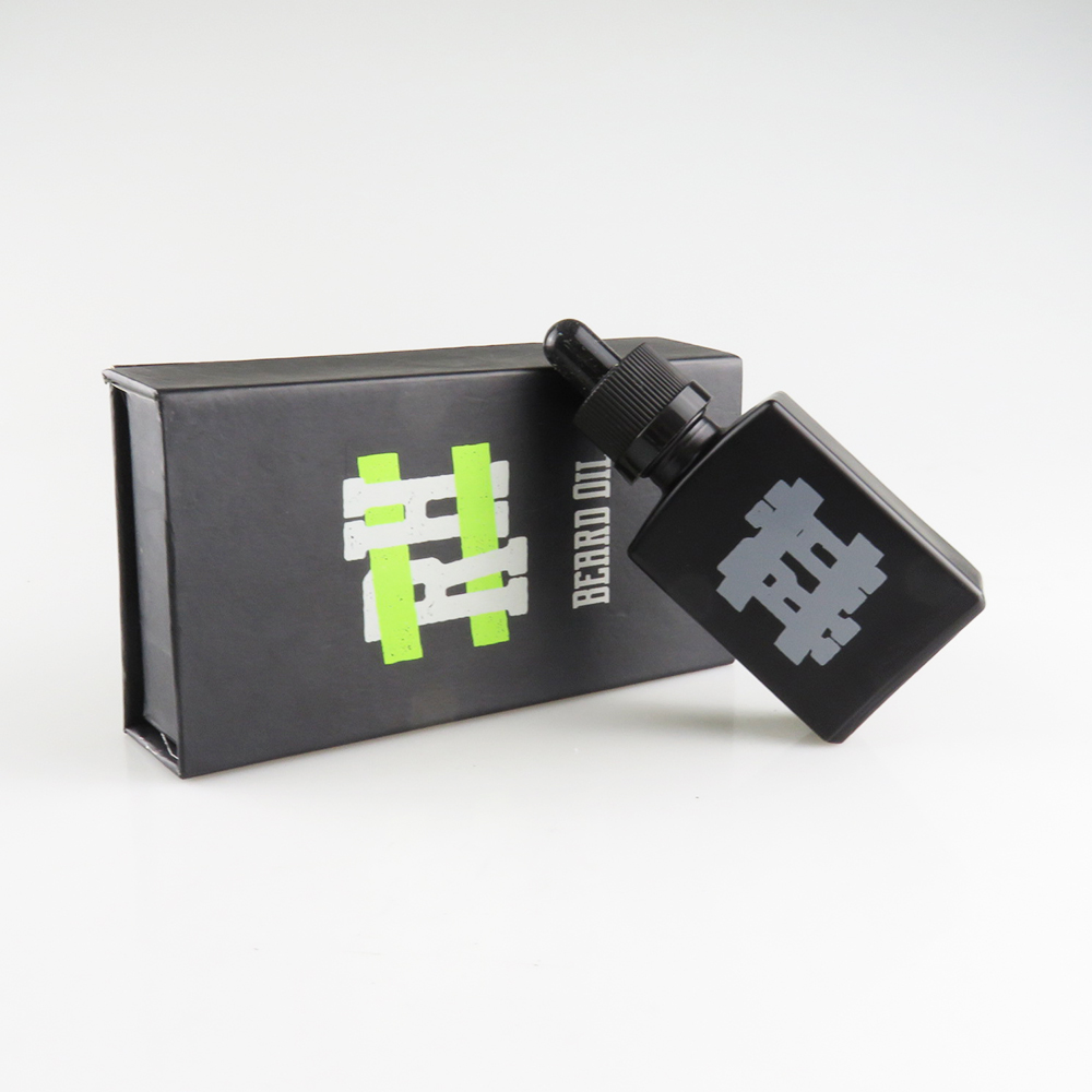 30ml frosted matt black rectangle glass bottle with custom packaging paper box