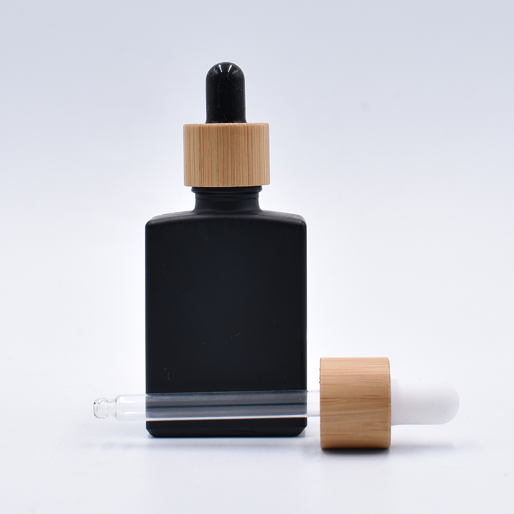 30ml frosted matte black glass rectangular dropper bottle with bamboo lid for glass essential oil bottle