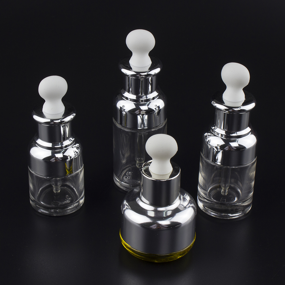 30ml glass Silver or golden essential oil bottle with UV plastic cap , empty 30ml glass dropper for cosmetic packaging