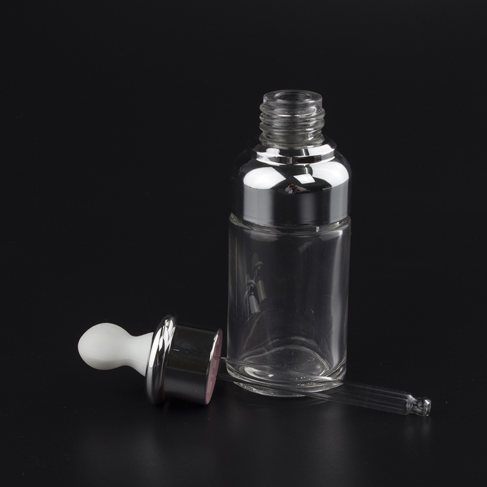 30ml glass Silver or golden essential oil bottle with UV plastic cap, empty 30ml glass dropper for cosmetic packaging