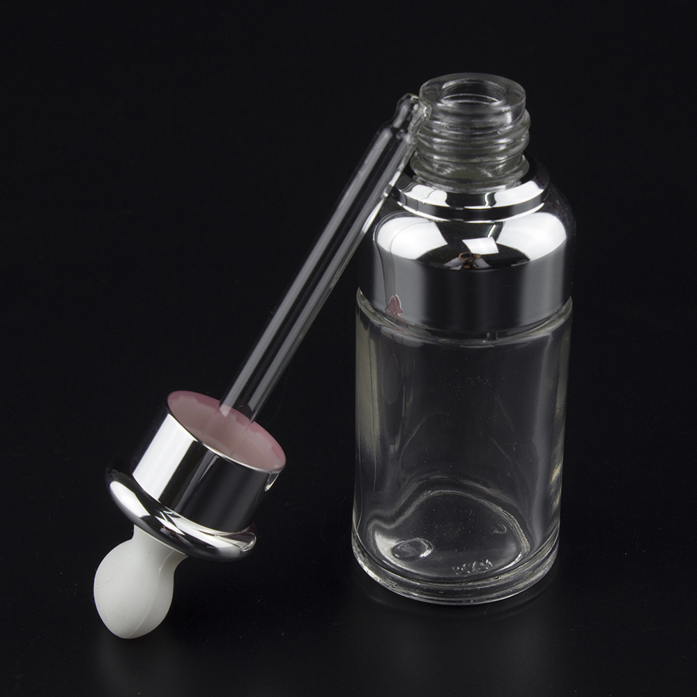 30ml glass Silver or golden essential oil bottle with UV plastic cap, empty 30ml glass dropper for cosmetic packaging