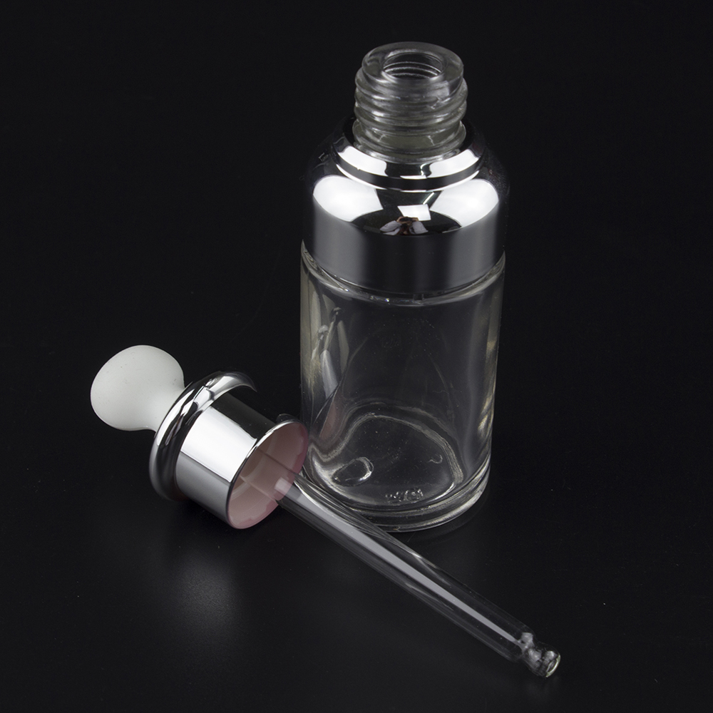 30ml glass Silver or golden essential oil bottle with UV plastic cap, empty 30ml glass dropper for cosmetic packaging