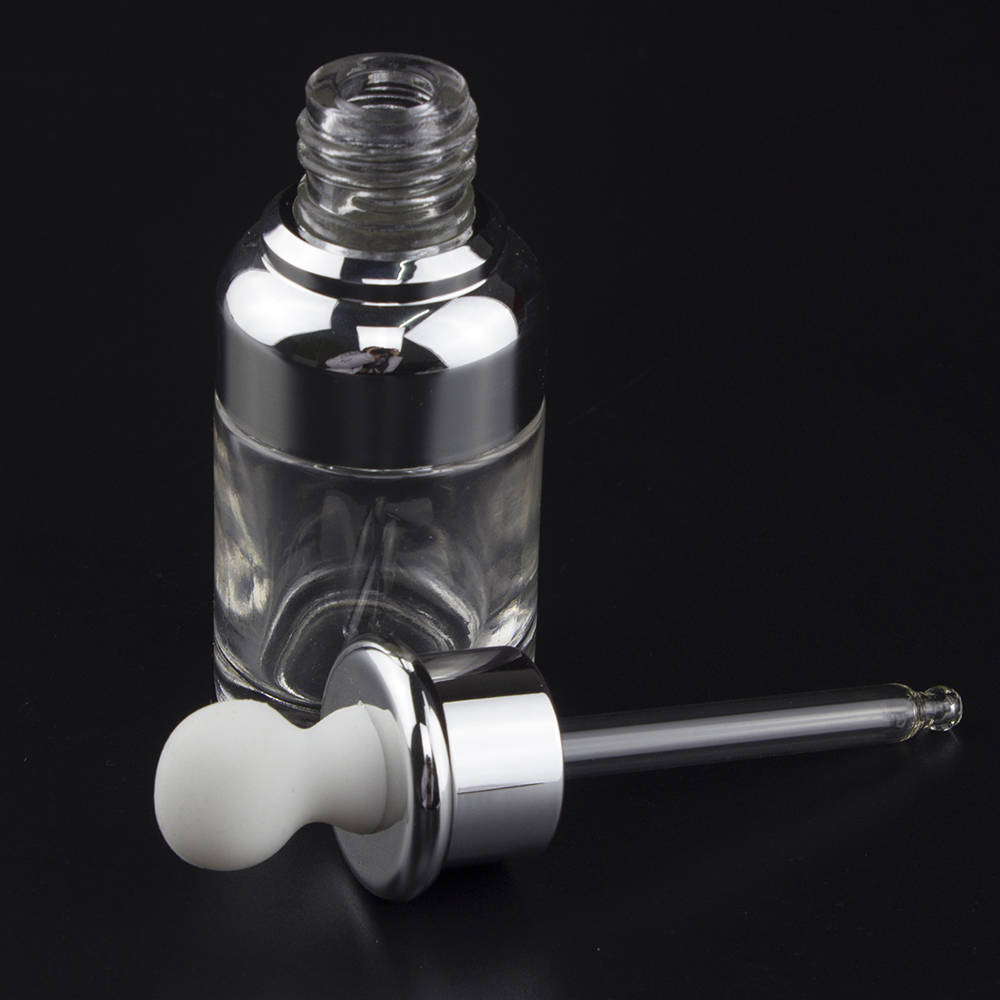 30ml glass Silver or golden essential oil bottle with UV plastic cap, empty 30ml glass dropper for cosmetic packaging