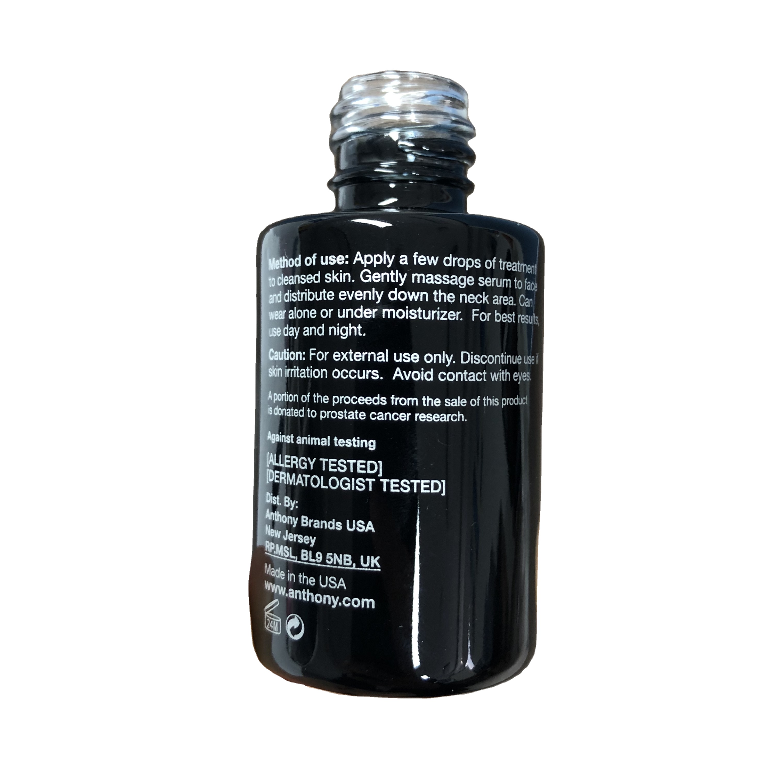 30ml glossy black color round glass bottle with one silver color silkscreen printing flat shoulder bottle