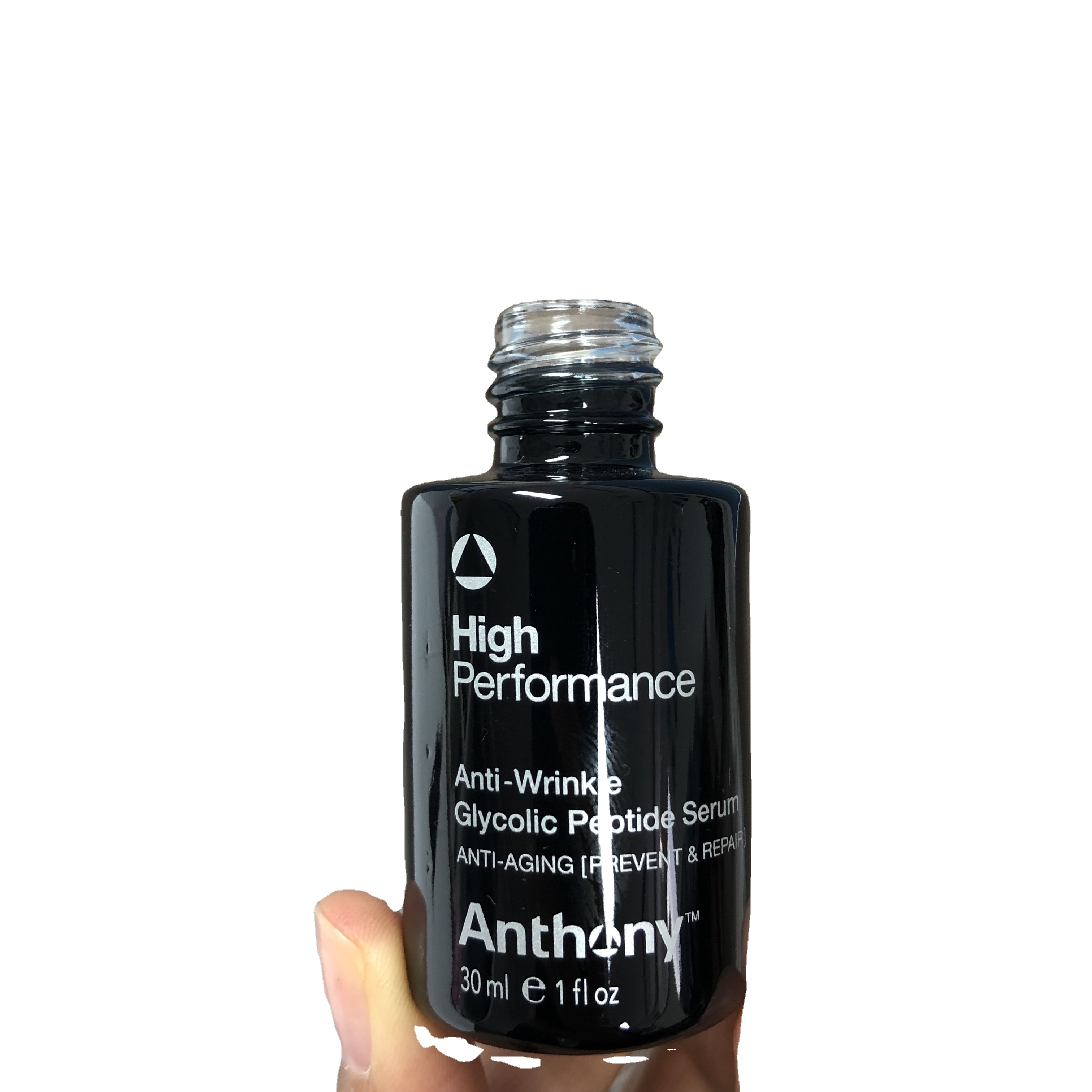 30ml glossy black color round glass bottle with one silver color silkscreen printing flat shoulder bottle