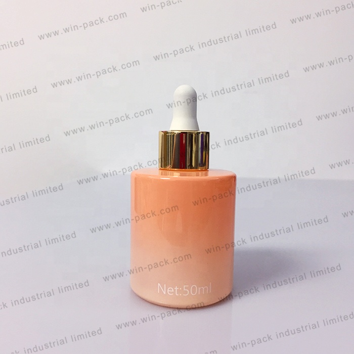 30ml gradient orange essential oil glass dropper bottle with shinny gold aluminum collar and matte white silicone rubber head