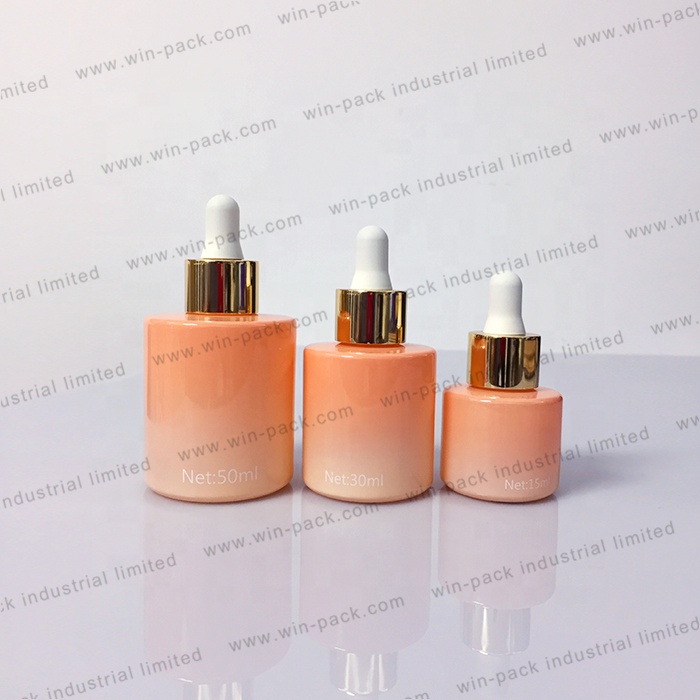 30ml gradient orange essential oil glass dropper bottle with shinny gold aluminum collar and matte white silicone rubber head
