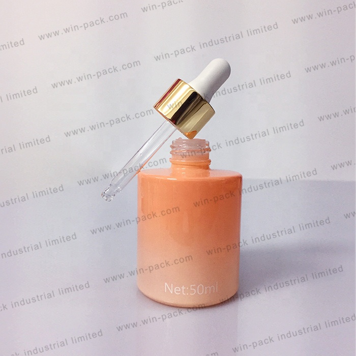 30ml gradient orange essential oil glass dropper bottle with shinny gold aluminum collar and matte white silicone rubber head