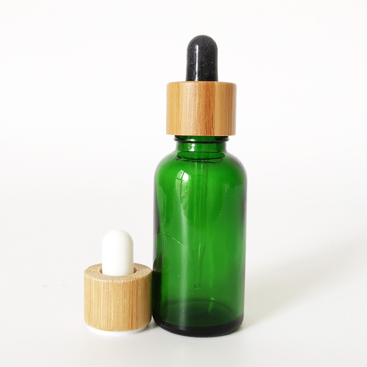 30ml green glass essential oil bottles with 18mm glass dropper cap bamboo cover