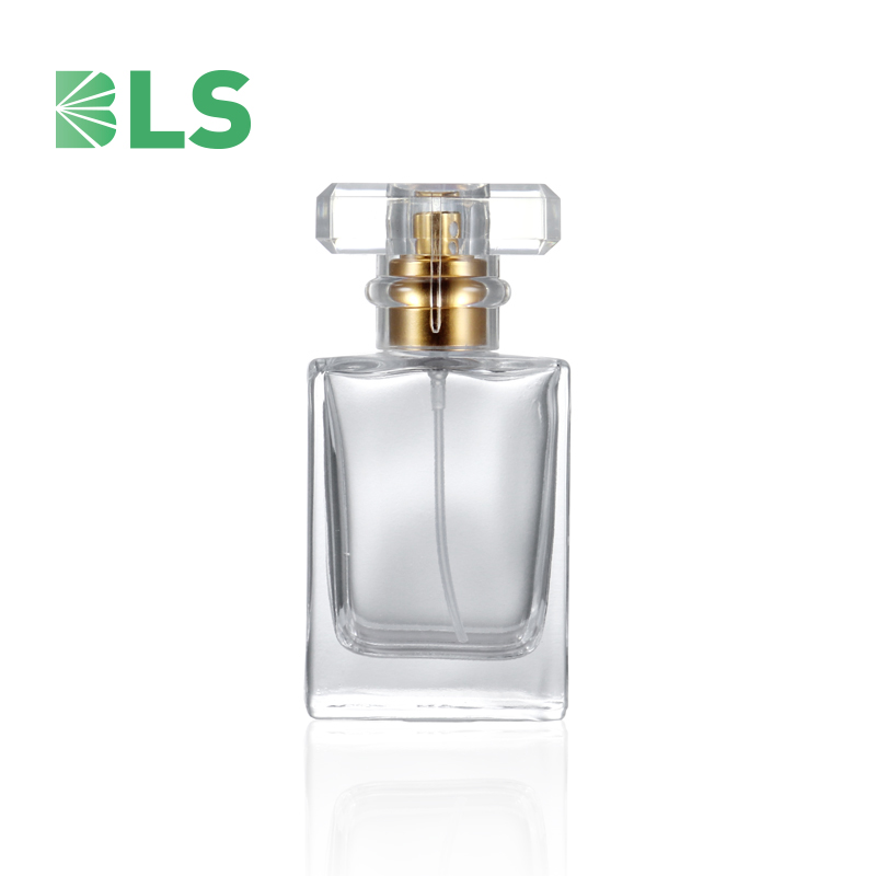 30ml high quality unique flat bottom transparent glass perfume spray bottle with square shape cap