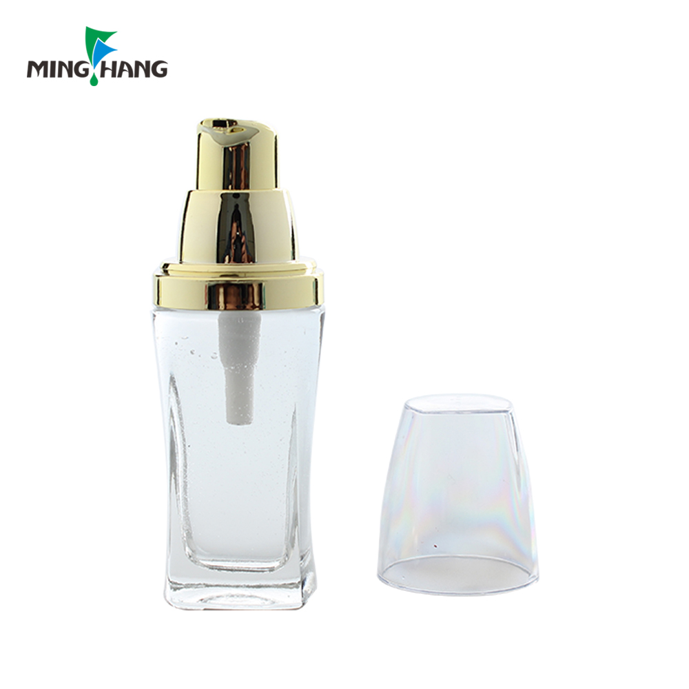 30ml lotion bottles square guangzhou recycled white glass cosmetic packaging with glod aluminum pump