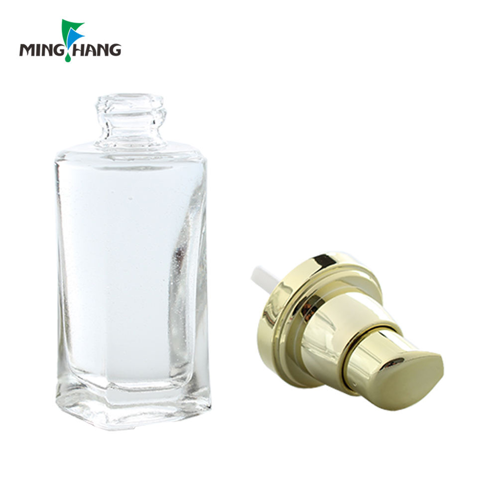 30ml lotion bottles square guangzhou recycled white glass cosmetic packaging with glod aluminum pump