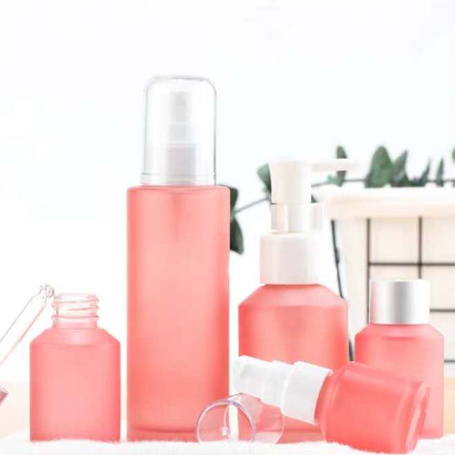 30ml luxury skincare pink amber glass lotion pump glass jars wholesale cylinder cosmetic packaging container serum bottle empty