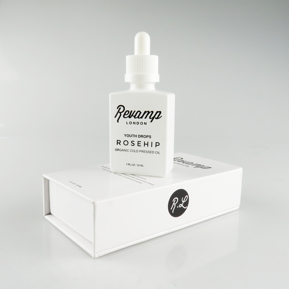 30ml matt frosted white rectangle glass dropper bottle with printing paper box