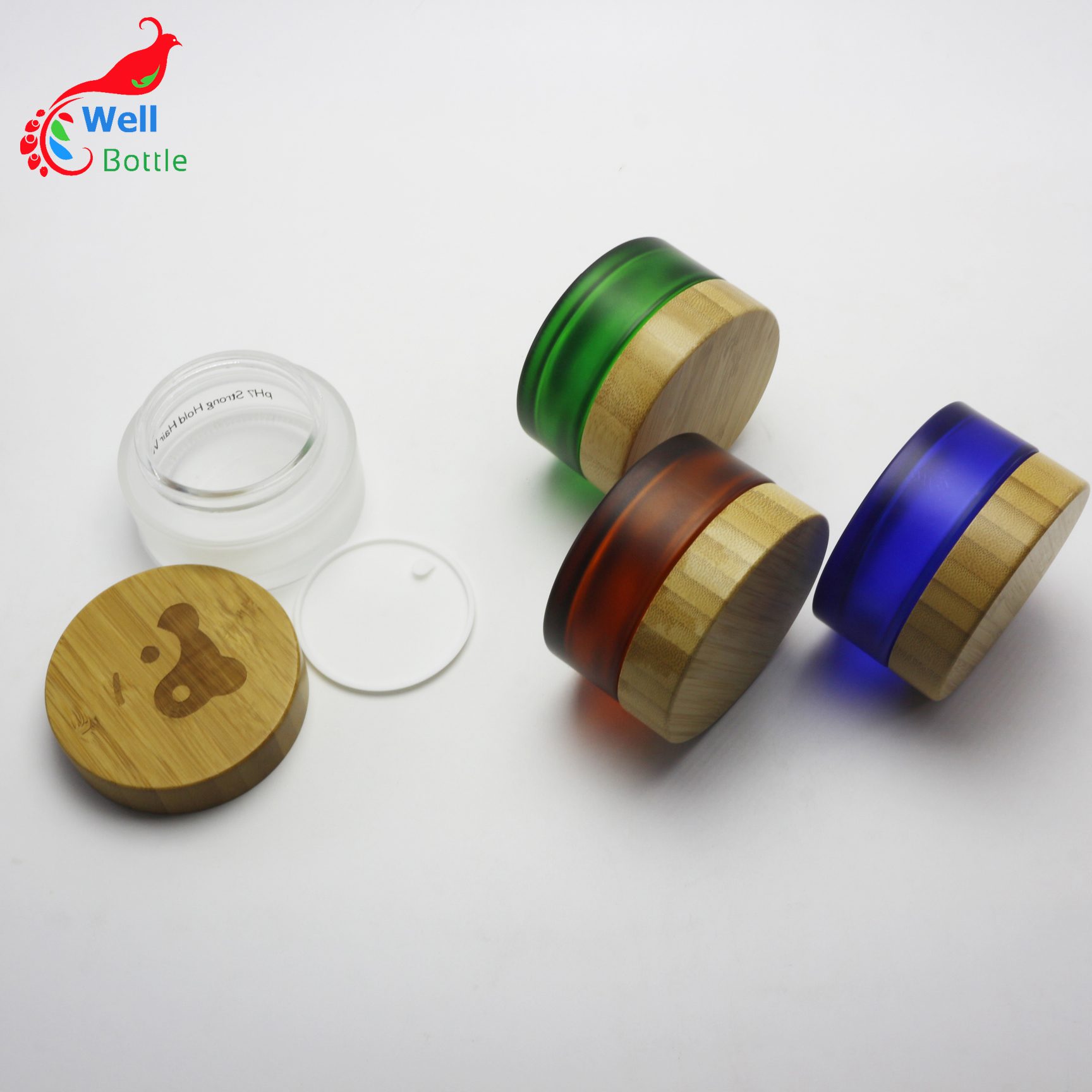 30ml matte clear glass jar bamboo lid amber blue green blue white 1oz jars cosmetic containers for cream J054E